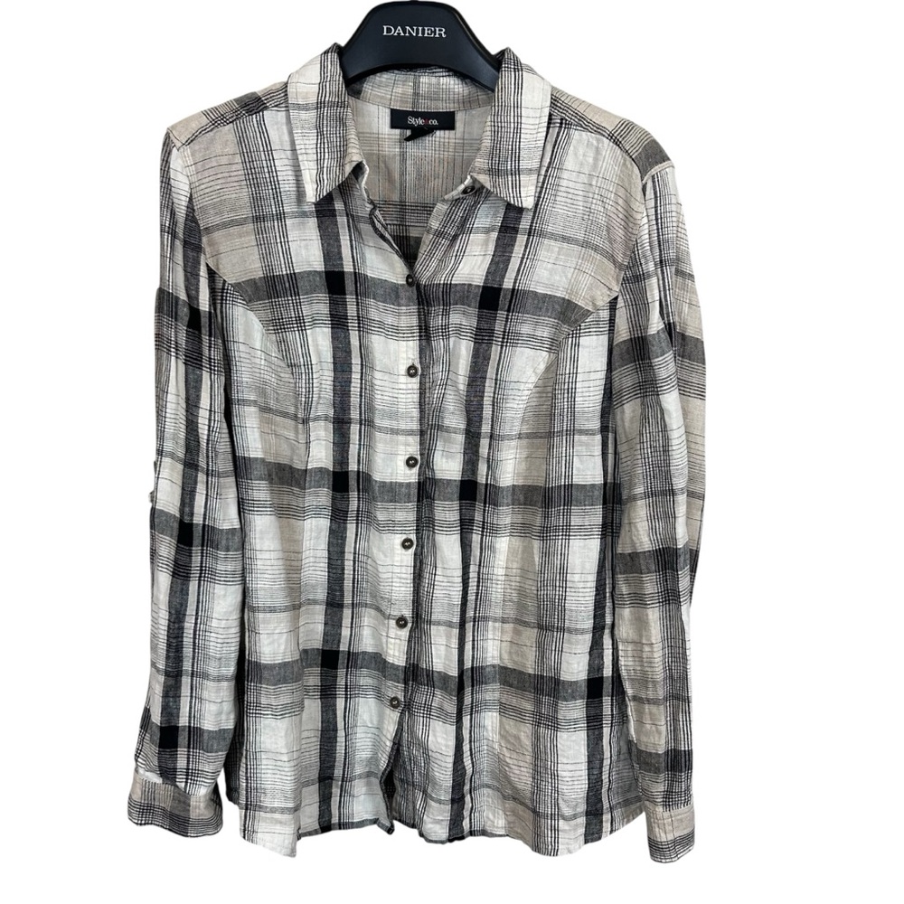Style & Co Women’s Shirt Plaid Size 16 100% Linen Long‎ Sleeve Button Front